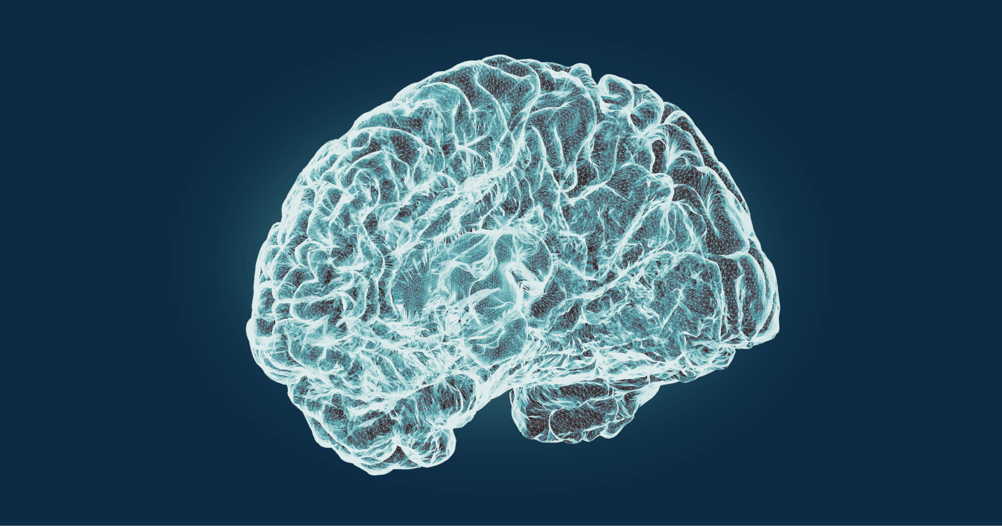 Teal brain illustration on a dark blue background.