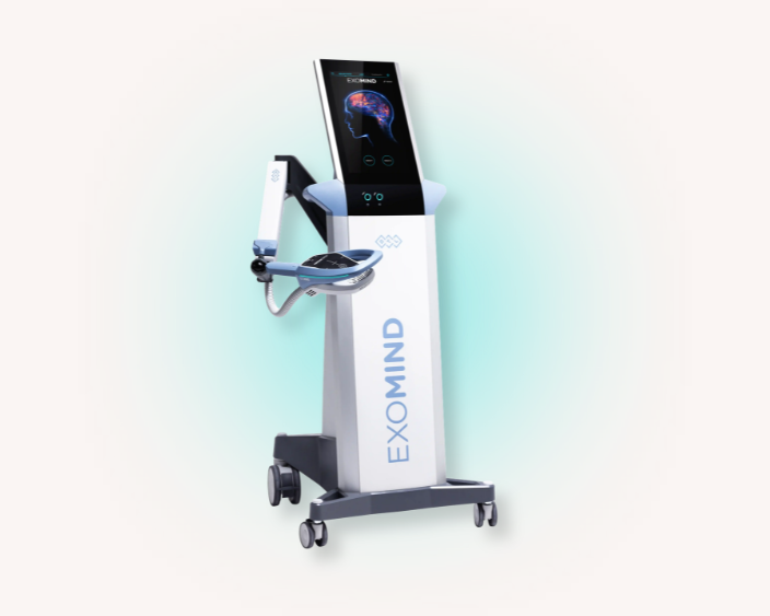 EXOMIND brain stimulation device with touchscreen and treatment applicator.